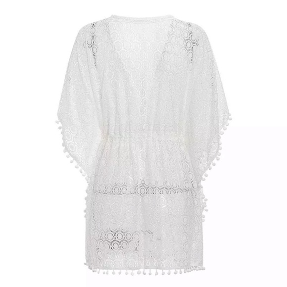 SOLD OUT CLEARANCE White Boho Pompom Crochet Coverup Kimono Wrap - Picture 5 of 7